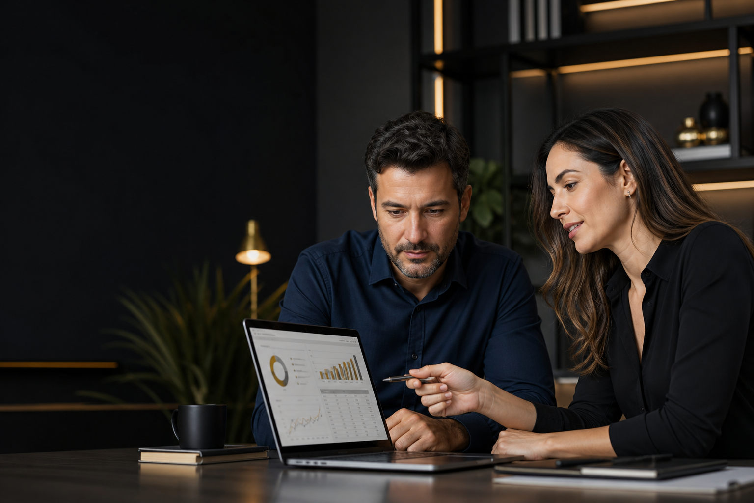 Profissionais analisando dados financeiros em um ambiente de trabalho moderno